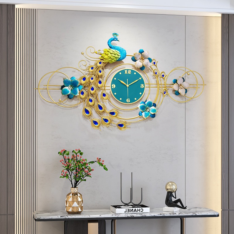 Tranh đồng hồ chim công trang trí tường phòng khách